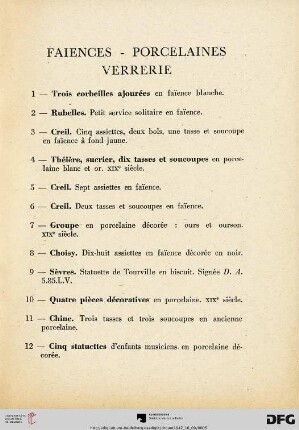 Faiences - Porcelaines - Verrerie (Nr. 1-33)