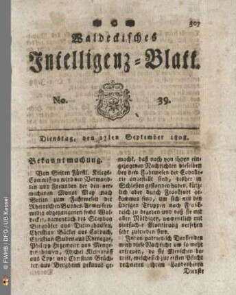 No. 39. Dienstag, den 27ten September 1808