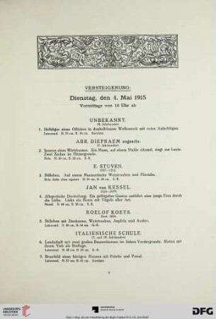 Versteigerung: Dienstag, den 4. Mai 1915: Vormittags von 10 Uhr ab (Nr. 1-180)