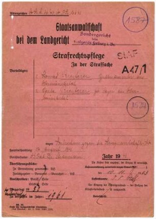 Angeklagte: Riesterer, Konrad (Buttersammler); Obermünstertal *24.11.1892 in Obermünstertal; + ? Riesterer, Berta; Obermünstertal *24.09.1893 in Obermünstertal; + ? Delikt: Verbrechen gegen die Kriegswirtschaftsverordnung Tatort: Obermünstertal Tatzeit: 1939-1943