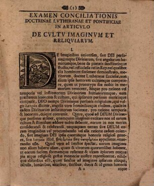 Examen conciliationis doctrinae Pontificiae et Lutheranae in articulo de cultu imaginum et reliquiarum : syncretistis praecipue hodiernis oppositum