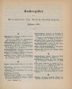 Sachregister zum Gesetzblatt für Elsaß-Lothringen. Jahrgang 1887