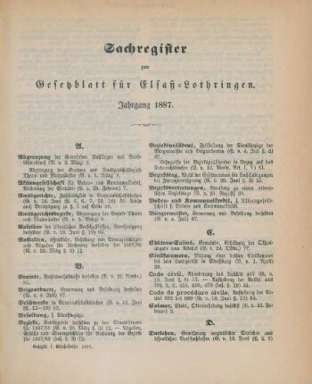 Sachregister zum Gesetzblatt für Elsaß-Lothringen. Jahrgang 1887