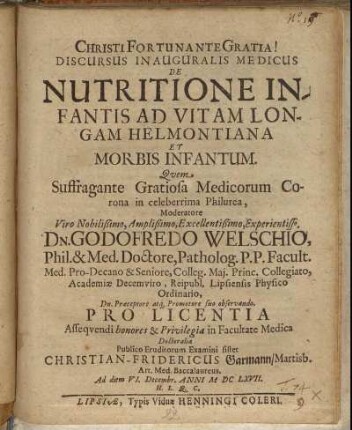 Discursus Inauguralis Medicus De Nutritione Infantis Ad Vitam Longam Helmontiana Et Morbis Infantum