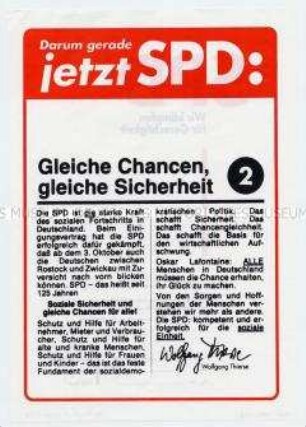 Propagandablatt der SPD zur Brandenburger Landtagswahl 1990 mit Schwerpunkt auf soziale Sicherheit