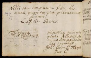67v, Heyd, Johann Bernhard. Tübingen, 05.07.1738 [aus Alpirsbach; Jurastudent in Tübingen]