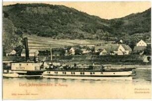 Aussig. Dorf Schreckenstein mit Personen-Seitenraddampfer "Sachsen" (1885, Werft Blasewitz)