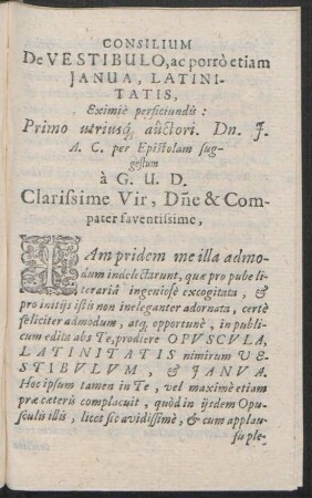 Consilium De Vestibulo, ac porro etiam Ianua, Latinitatis, Eximie perficiundis ...