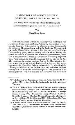 Hamburger Gesandte auf dem Regensburger Reichstag 1640/41 : Ein Beitrag zur Geschichte von öffentlicher Meinung und Diplomatie Hamburgs in der Mitte des 17. Jahrhunderts