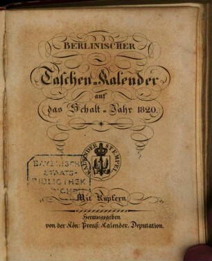 Berlinischer Taschenkalender : auf das Jahr .... 1820