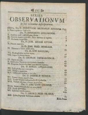 Series Oberservationum in hoc volumine descriptarum
