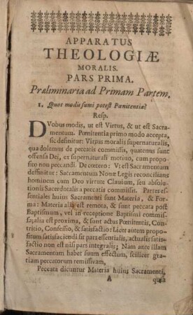 Apparatus Theologiae Moralis. Pars Prima.