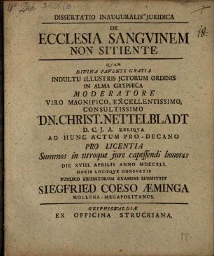 Diss. inaug. iur. de ecclesiae sanguinem non sitiente