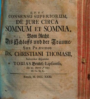 De iure circa somnum et somnia, Vom Recht des Schlaffs und der Träume