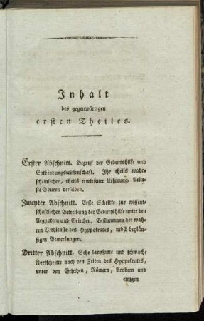 Inhalt des gegenwärtigen ersten Theiles.