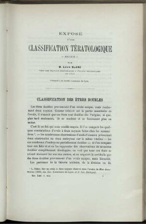 Expose D'Une Classification Tératologique