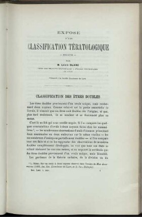 Expose D'Une Classification Tératologique