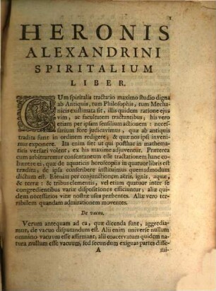 Heronis Alexandrini Spiritalium [!] Liber