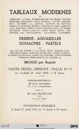 Tableaux modernes : par Ambrosini, Antral, ..., Veyrassat ; dessins, aquarelles, gouaches, pastels par Bac, Boudin, ..., etc... ; bronze par Bugatti ; vente Hotel Drouot, le vendredi 24 avril 1942