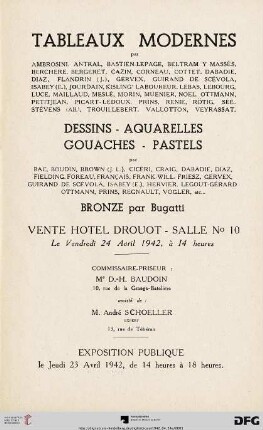 Tableaux modernes : par Ambrosini, Antral, ..., Veyrassat ; dessins, aquarelles, gouaches, pastels par Bac, Boudin, ..., etc... ; bronze par Bugatti ; vente Hotel Drouot, le vendredi 24 avril 1942