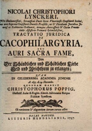Tractatio iur. de cacophilargyria, seu auri sacra fame