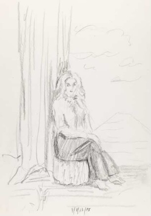 "Frau sitzt an einem Baumstamm" (Studie für ein Oelbild)