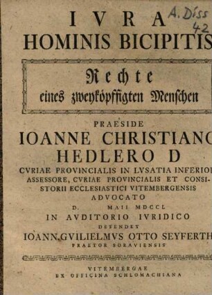 Iura hominis bicipitis : auctore Ioanne Christiano Hedlero