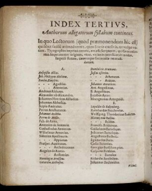 Index Tertius, Authorum allegatorum syllabum continens.
