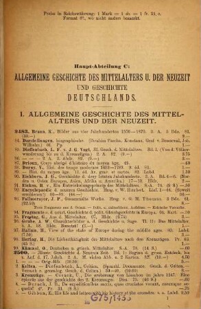 Lager-Verzeichnis ..., 42. Geschichte ; Haupt-Abteilung C: Allgemeine Geschichte des Mittelalters u. der Neuzeit und Geschichte Deutschlands : Inhalts-Verzeichnis umstehend