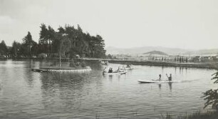Volksbad. Blick über den Gondelteich gegen neue Siedlung und Burgsberg