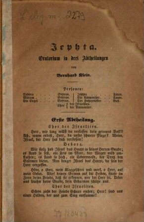 Jephta : Oratorium in 3 Abth.