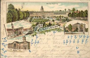 Postkartenalbum. "Gruss aus Karlsruhe". Großherzogliches Schloss, Marktplatz, Festhalle und Rathaus