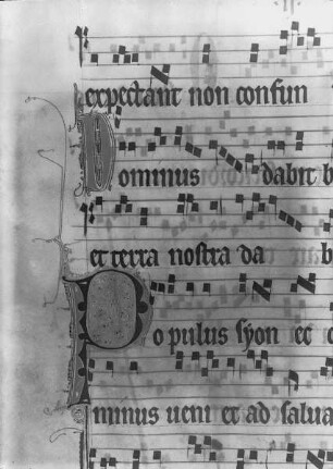Graduel (hiver) / Graduel de Vauclair (hiver) / Graduale / Graduel cistercien / Missale — Notenschrift und Initiale D und P, Folio fol. 2 v