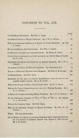Contents to vol. XIX.