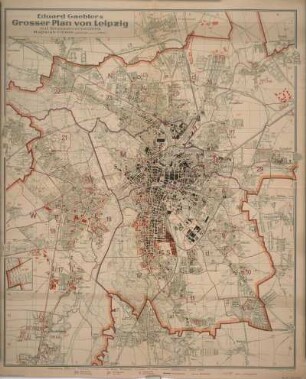 Grosser Plan von Leipzig, 1:15 000, Kupferstich, 1943 : Gaebler, Eduard : [Grosser Plan von Leipzig] : Eduard Gaeblers grosser Plan von Leipzig : mit Strassenverzeichnis. - 1:15 000. - Leipzig : Geograph. Inst. , 1943. - 1 Kt. : Lithogr. ; 82 x 100 cm. - Mit 1 Nebenkt.