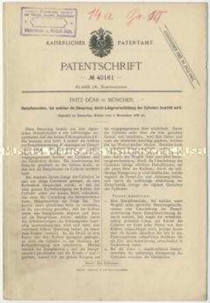 Patentschrift einer Dampfmaschine, bei der die Steuerung durch Längsverschiebung des Zylinders bewirkt wird, Patent-Nr. 40161