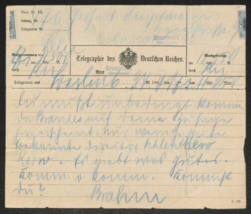 Brief von Otto Brahm an Gerhart Hauptmann