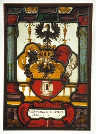 Wappenscheibe des Hieronymus della Porta in architektonischer Rahmung