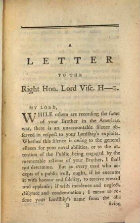 A letter to the right honorable Lord Viscount, H[ow]e, on his naval conduct in the American war