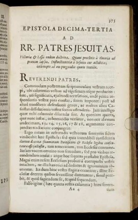 Epistola Decima-Tertia. Ad RR. Patres Jesuitas. Victoriae & Lessii eadem doctrina ...