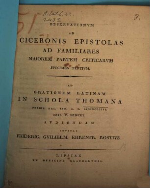 Observationvm ad Ciceronis epistolas ad familiares maiorem partem criticarvm specimen .... 3