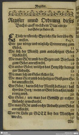 Register unnd Ordnung dieses Buchs, auff welchem Blat ein jedes Gebet zu finden ist