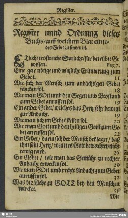 Register unnd Ordnung dieses Buchs, auff welchem Blat ein jedes Gebet zu finden ist