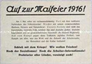Handzettel mit einem Aufruf zum 1. Mai 1916 und zur Beendigung des Krieges