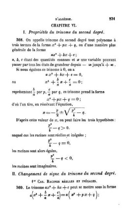 Chapitre VI. Propriété du trinome du second degré.