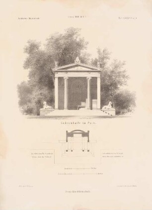 Gedenkhalle im Park: Grundriss, Ansicht (aus: Architektonisches Skizzenbuch, H. 89/1, 1868)