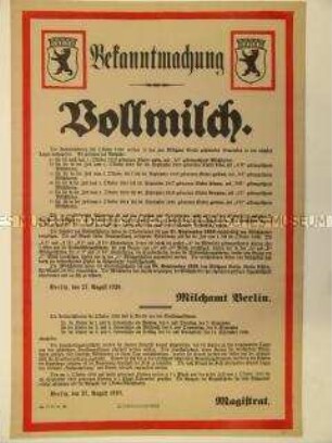 Maueranschlag zu den Modalitäten der Ausgabe von Milch