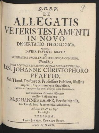 De Allegatis Veteris Testamenti In Novo Dissertatio Theologica