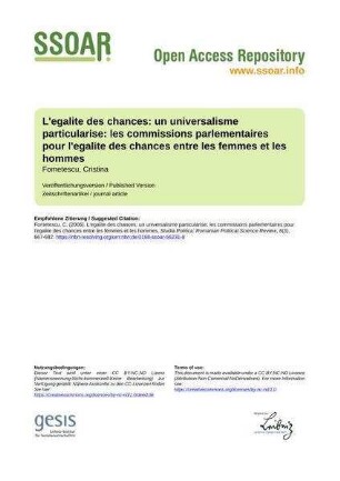 L'egalite des chances: un universalisme particularise: les commissions parlementaires pour l'egalite des chances entre les femmes et les hommes