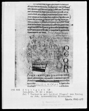 Bibel — Initiale C (ogor per singulos), darin Autorenbild des heiligen Hieronymus, Folio 7recto